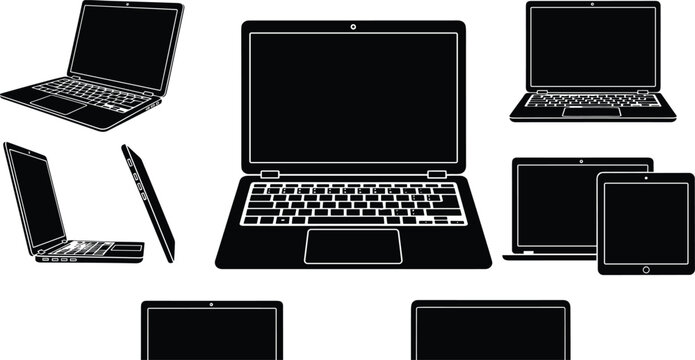 Collection of Laptop and Tablet Computer Silhouettes Featuring Various Angles Side Views and Frontal Displays for Technology Design and Web Development