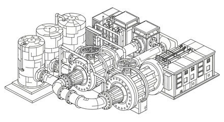 Fototapeta premium Industrial isometric machinery blueprint with pipes and equipment