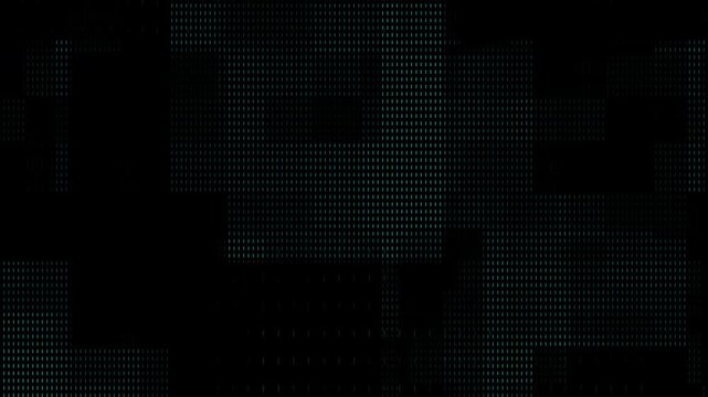 Abstract dark digital glitch overlay texture with subtle blue grid blocks and scanlines on a black background.