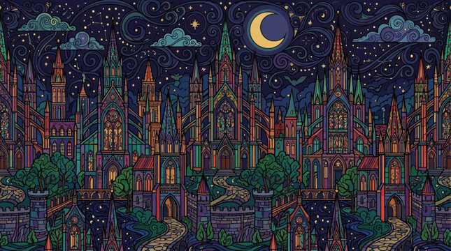 seamless pattern featuring abstract fantasy colorful night gothic city stained glass texture hand drawn