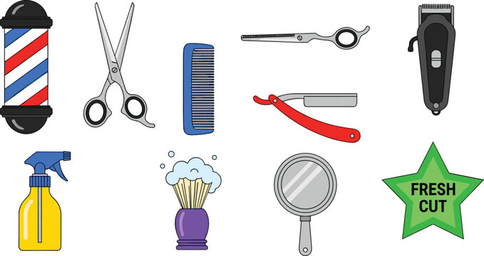 Barber and Grooming Tools Icons Set with Scissors, Comb, Razor, Clipper, and Fresh Cut Symbols