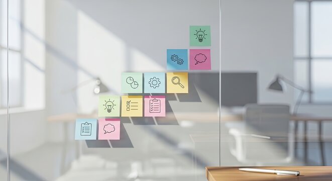 Colorful sticky notes with creative icons arranged on glass office window showing brainstorming and planning ideas