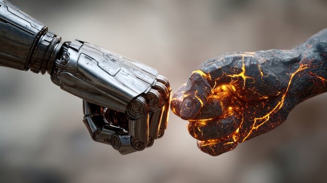 A robot hand and a fiery fist bump, symbolizing the fusion of artificial and natural.