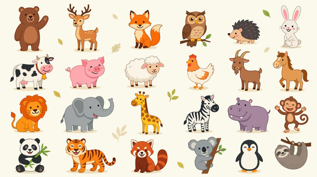 cute smiling animals cartoon collection vector illustration