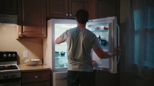 Male individual in casual attire opens refrigerator door in a modern kitchen, retrieving food items while illuminated by soft interior lighting