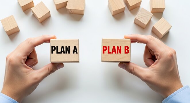 Two hands holding wooden blocks labeled Plan A and Plan B with additional blocks in background representing decision making