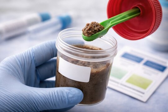 Medical professional holding stool sample container for laboratory analysis. Close-up of healthcare worker using collection spoon for fecal test. Gastroenterology, diagnostics and health checkup conce