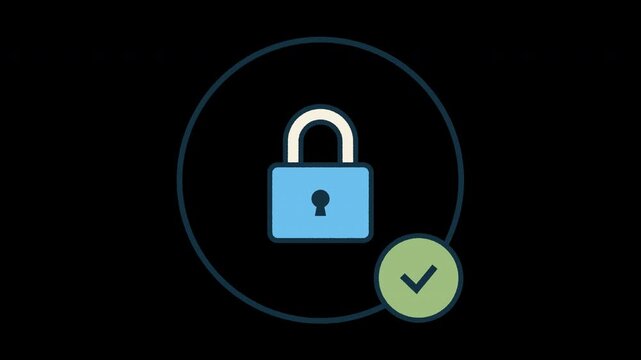 Security padlock with verified check mark on green circle animation. rotating round circle as secure condition. Alpha channel transparent background