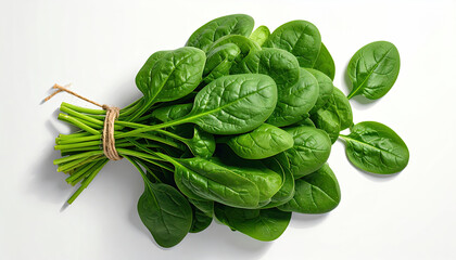 Obraz premium Fresh bunch of green spinach leaves tied with twine on white background