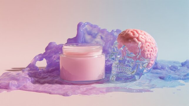 Floating pink human brain with detailed convolutions and smooth surface, surrounded by blue liquid splashes and abstract cloud formations