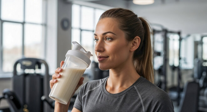 Fit woman drinks protein shake in modern gym setting. Female athlete sips post workout protein shake from shaker bottle, focusing on recovery and sports nutrition.
