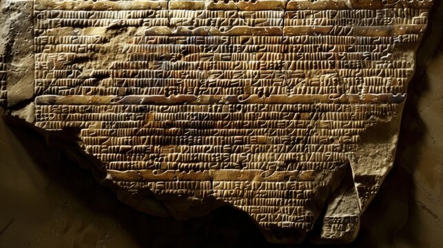 Ancient Stone Tablet with Sumerian Cuneiform Script Carved into Weathered Sandstone, Historical Mesopotamian Artifact Showing Mysterious Antique Hieroglyphics and Archeological Text Background
