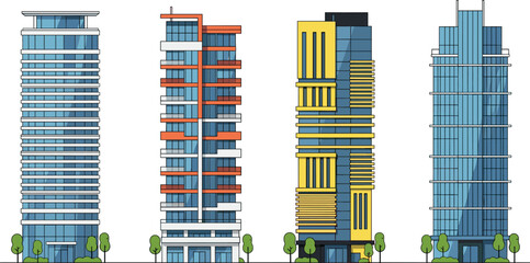 Modern skyscraper buildings set with urban city architecture, contemporary high rise office towers vector illustration collection © Danial