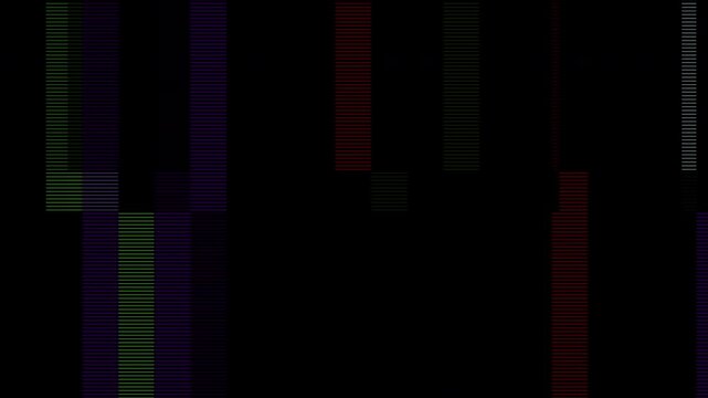 Abstract dark digital glitch overlay texture with vertical colorful pixelated blocks on a black background.