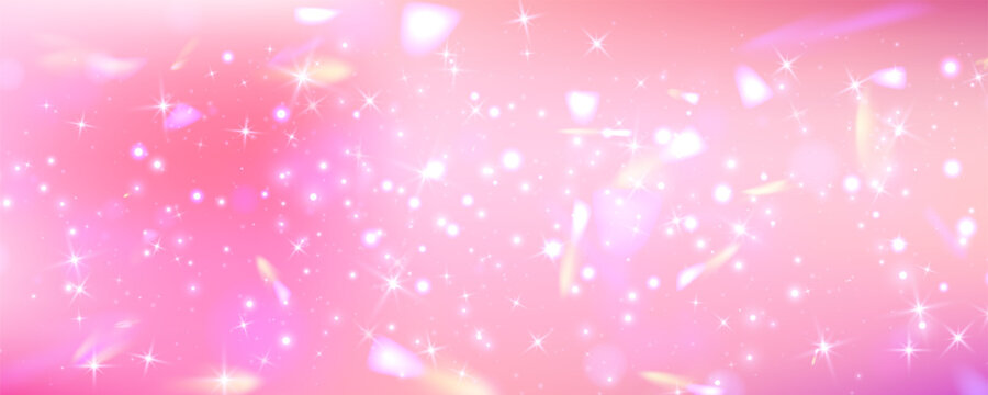 Sparkling pastel rainbow with magical stars on gradient, shimmering light in fantasy princess theme with purple and pink accents and glitter shapes. Vector illustration.