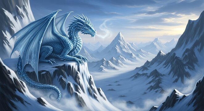 Majestic blue ice dragon perches grandly on a snowy mountain peak, surveying a vast, frozen, and breathtaking winter landscape.