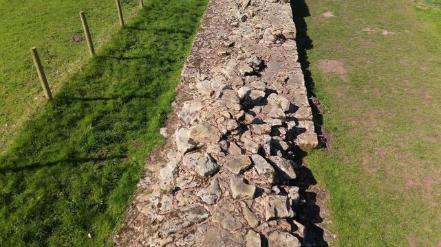 Heddon-on-the-Wall Northumberland UK: 2nd April 2026: Aerial drone view captures a section of the Roman Wall (Hadrian's) at Heddon Village in public park