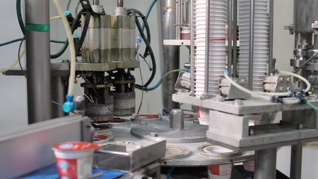 Yogurt being filled in small cups in a factory
