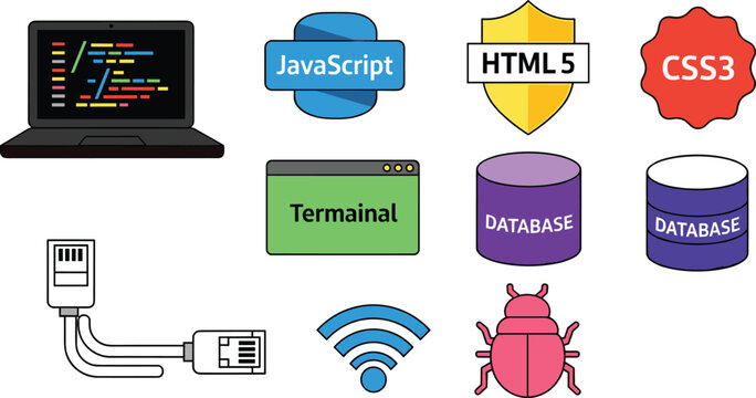 Web Development and Programming Icons Set with JavaScript, HTML5, CSS3, Database, Terminal, and Bug Symbols