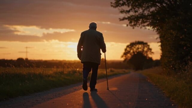 A serene video of an elderly man walking alone on a peaceful road at sunset