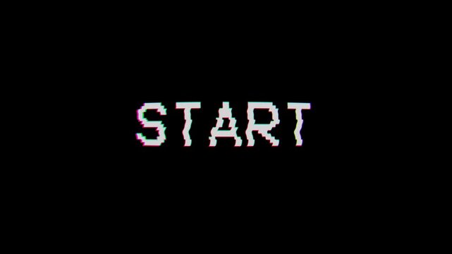 8-bit pixel START text animation with dynamic glitch distortion effect on alpha channel background. 4K video