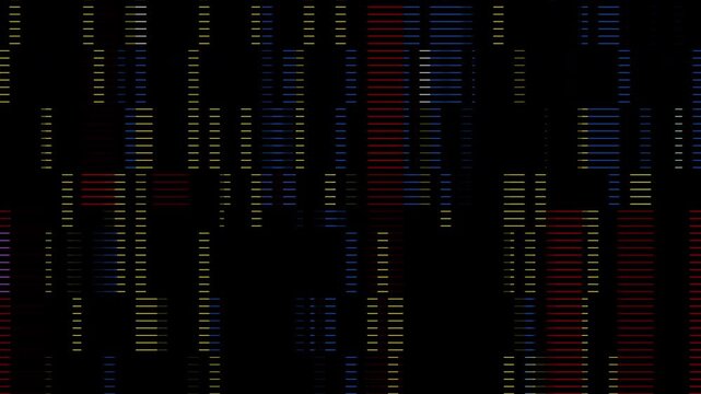 Abstract digital glitch overlay texture with colorful pixelated data blocks and scanlines on a black background.