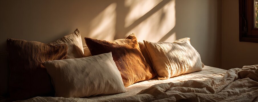 A cozy bed with soft linen and pillows, morning sunlight through the window