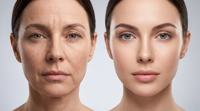 Before and after the facial rejuvenation procedure, a woman with wrinkles and ptosis, a woman with a beautiful well-groomed face