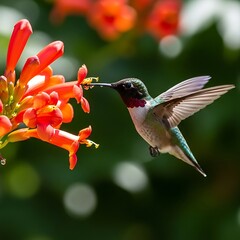 Naklejka premium Hummingbird feeding on orange flower.