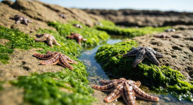 Starfish Oasis - A Coastal Scene of Marine Life and Green Algae.