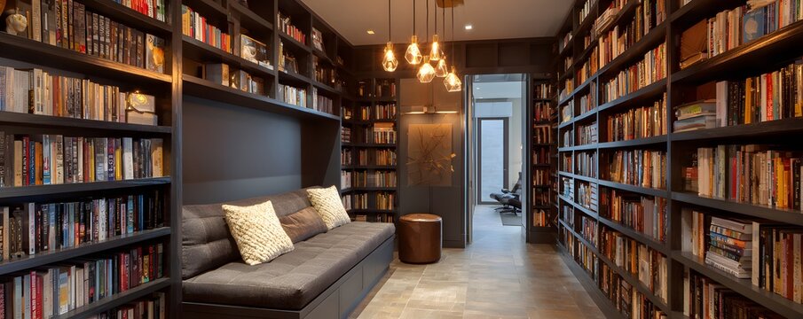 Modern library with floor-to-ceiling bookshelves and a cozy reading nook