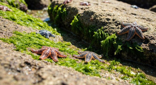 Starfish on Rocks Covered in Green Algae at Low Tide.
