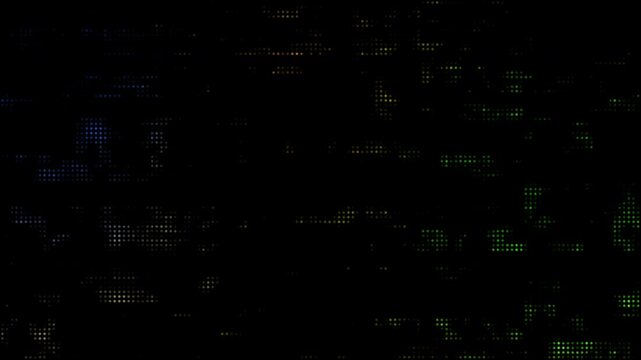 Abstract dark digital glitch overlay texture with green and blue data corruption artifacts on a black background.