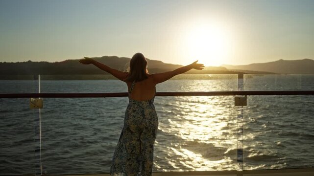 Woman young hispanic brunette on cruise deck leaning on glass rail with arms outstretched showing bare back to sunset over ocean; serenity.