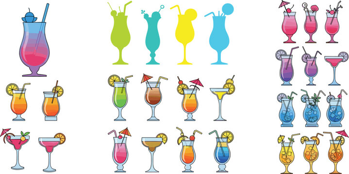 Colorful cocktail drinks collection vector illustration with tropical beverages, summer party cocktails set, bar menu drink icons with glasses and fruit garnishes