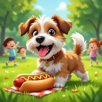 Adorable fluffy dog happily holding hotdog on picnic blanket with children nearby.