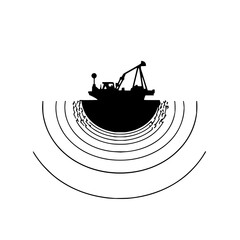 Fototapeta premium Fishing boat silhouette with ripples on water surface black vector illustration
