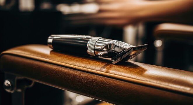 Close-up of a barbers hair clipper on a wooden surface.