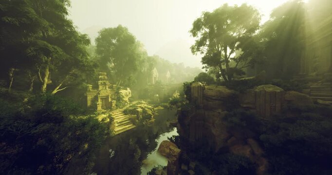 misty temple ruins suited for field survey, layered terraces and carved masonry beside narrow river, perfect setting for archaeologist expedition or drone