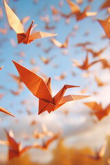 Paper birds soaring through the air, creative and delicate vertical frame