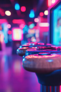 A row of old video game consoles and cabinets in a nostalgic setting vertical frame