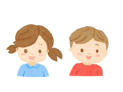 白バックに水色の服を着た女の子と赤い服を着た男の子の上半身イラスト
