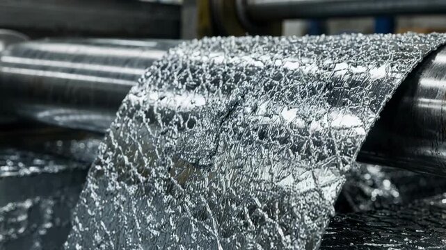 Closeup medium shot capturing bright spangles forming on a steel strip exiting a molten zinc bath emphasizing the shimmering patterned zinc coating.