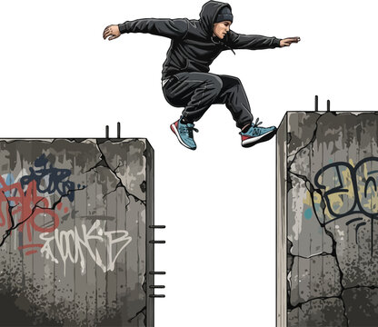 Dynamic young man performing parkour leaping between two graffiti-covered concrete walls showcasing urban sport and freedom