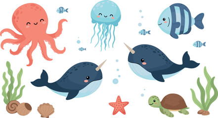 Fototapeta premium Cute Ocean Animals Set with Narwhals, Jellyfish, Octopus, Turtle, Fish, and Sea Creatures for Kids' Illustrations