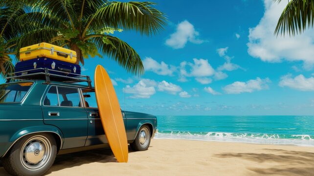 A classic teal car with suitcases on its roof rack and an orange surfboard leaning against it on a sunny tropical beach under a palm tree beside a calm blue oce