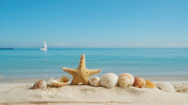 A beautiful starfish and natural seashells rest on a white sandy beach with calm turquoise ocean and bright blue sky under warm daylight creating a serene tropi