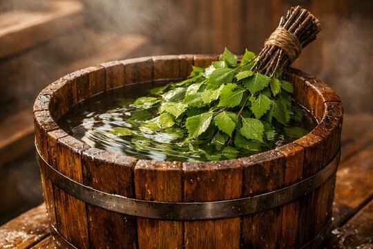 A wooden tub is filled with hot water where birch branches rest. It is a common practice in Finnish saunas to use these branches for wellness and relaxation