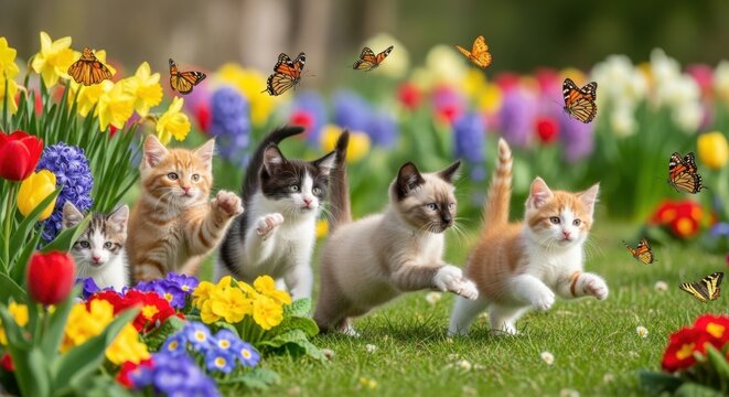 Adorable kittens playing in a vibrant spring garden filled with colorful flowers and fluttering butterflies.