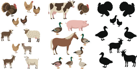 Farm animals collection vector set with cow pig horse sheep goat duck chicken turkey silhouettes and cartoon illustrations isolated on white background © MdNazmul